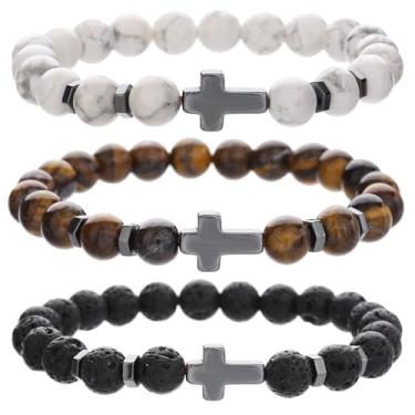 Imagem de HYHONEY Pulseira com contas cruzadas para mulheres e homens, pedra vulcânica, turquesa, olho de tigre, pulseira natural, cura da ansiedade, One Size, Pedra, Pedra