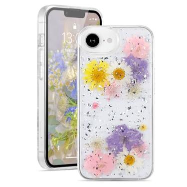 Imagem de EYZUTAK Capa para iPhone 16E, capa protetora protetora de TPU em gel de borracha macia com glitter e lantejoulas brilhantes feitas à mão com folhas verdadeiras e flores secas - azul + rosa