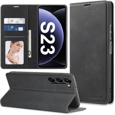 Imagem de Qissy Capa flip de couro para Samsung Galaxy S23 com proteção de dobradiça, capa carteira magnética fina S23 [porta-cartão], à prova de choque para celular Samsung S23 5g (preto)