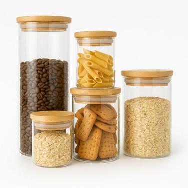 Imagem de Kit 5 Potes de Vidro com Tampa de Bambu Herméticos Redondos - Global M