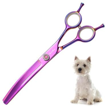 Imagem de Tesoura profissional de cuidado de cães de 7 polegadas, tesouras curvas de 60 dentes de animais de estimação, taxa de diluição de 30%, lâminas afiadas de aço VG10, misturador curvo de 25°