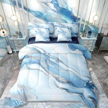 Imagem de Jogo de cama casal de mármore azul com estampa tie dye, prata, 7 peças, arte marmorizada, aquarela, para meninos e mulheres, moderno, abstrato, lençol com elástico