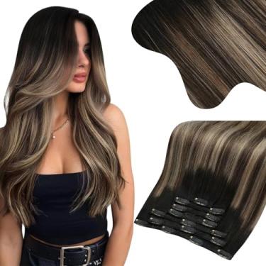 Imagem de Moresoo Clip In Hair Extensions Human Balayage Trama Dupla Real Ombre Preto Para Castanho Com Loiro Dourado Escuro Cabeça Inteira 16 Polegadas 7 Peças/135G