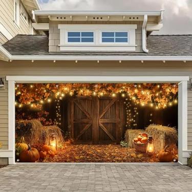 Imagem de HOMETITUTE Banner rústico de outono para porta de garagem 4 x 1,8 m fardos de feno abóboras decorações de colheita de outono grande pano de fundo para pendurar capas de porta de ação de graças