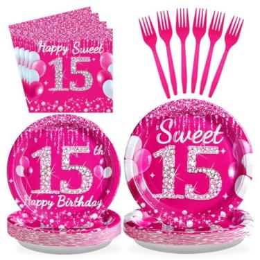 Imagem de Grencian 96 peças de artigos de festa de 15º aniversário para meninas 350 g/m² rosa choque pratos decorações descartáveis resistentes rosa choque doce 15 utensílios de mesa para meninas de quinze anos