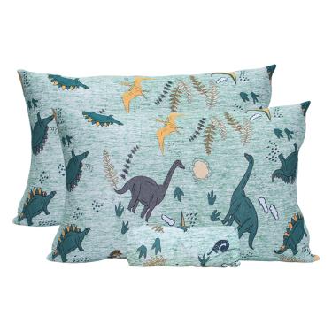 Imagem de Jogo de Cama Casal KazzaVip Malha Misto 70% Algodão e 30% Poliéster Estampado Dino 3 Pçs com Elástico Verde