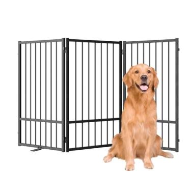 Imagem de SNUOWU Portão autônomo de metal completo com porta, cerca dobrável para cães de estimação de 81 cm de altura para ambientes internos e externos, 3 painéis extra largos portões altos para portas, casa