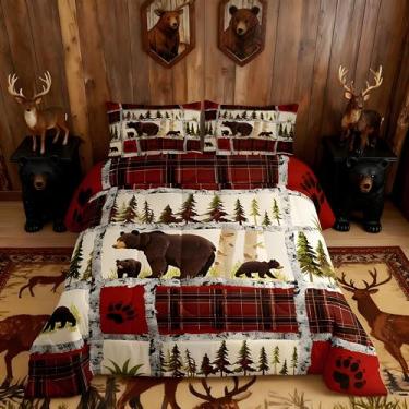 Imagem de Feelyou Conjunto de edredom de cabana rústica para crianças, adulto, casa de fazenda, tamanho casal, edredom xadrez vermelho e branco, conjunto de cama de animais selvagens