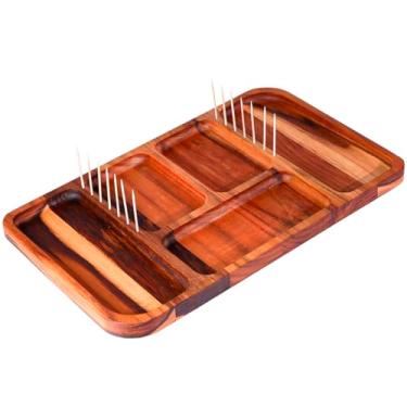 Imagem de Petisqueira Retangular de Madeira Teca Premium com 6 Repartições e Furação para Palitos | Tábua para Frios, Petiscos, Queijos e Aperitivos Gourmet | 38cm x 23,5cm
