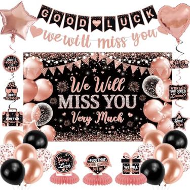 Imagem de Vlipoeasn Decorações de festa de despedida, ouro rosa, faixa de fundo We Will Miss You, centros de mesa, kits de redemoinhos para pendurar, decoração de festa de despedida de colega de trabalho