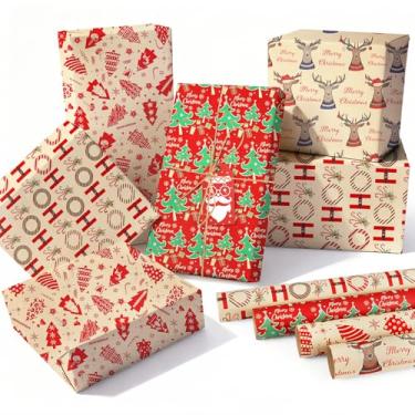 Imagem de Conjunto de papel de embrulho de Natal, 4 folhas, papel kraft com cabeça de veado e design de árvore