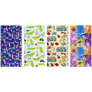 Imagem de YIFONTIN Pacote com 4 toalhas de praia infantis 100% algodão aveludado felpudo macio cobertor absorvente 65 x 129 cm presente para banho, praia, piscina, esportes, férias, viagens, piratas, jacaré