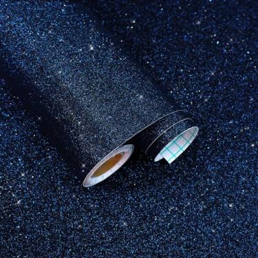 Imagem de FANCYEASY Papel de parede brilhante com glitter preto azul e adesivo removível 39,9 cm x 299,7 cm papel de contato azul escuro para armários cômoda prateleira forro autoadesivo papel de parede de