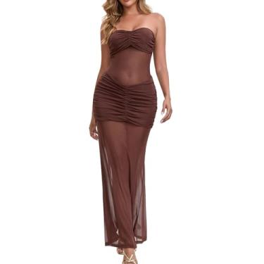 Imagem de LINNSUJH Vestido longo sexy sem alças de malha transparente marrom vestido longo transparente rabo de peixe colado ao corpo para festa e coquetéis