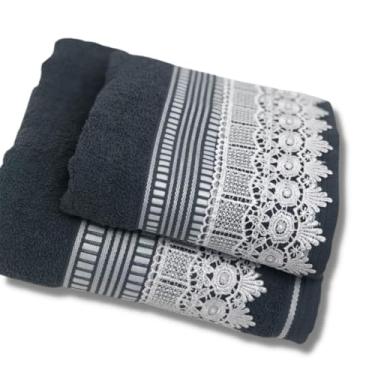 Imagem de Jogo 2 Peças Toalha Banho e Rosto Ouro Gigante com Renda Guipir 100% Algodão Premium – Maciez e Elegância (Cinza)