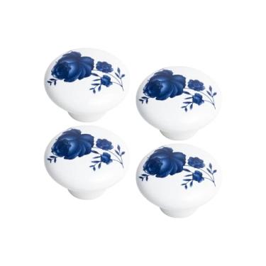 Imagem de Kit 4 Puxador Móvel Antigo Porcelana Gaveta 38mm De Armário (Branco/Azul - MPPON118)