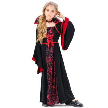 Imagem de OTUIZEM Fantasia de bruxa para meninas, fantasia de bruxa de Halloween com colar, fantasia de vampiro infantil cosplay de Halloween, Estilo B, XL (10-12Y)