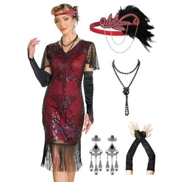 Imagem de RRYIO Vestidos melindrosa anos 20 para mulheres, vestidos Gatsby com gola redonda e manga para noites de Harlem, Vermelho, G