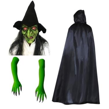 Imagem de OTUIZEM Green Witches Costume for Women, 5-Piece Scary Evil Mask, Hooded Cloak, Gloves Witch Costume Set, Halloween Cosplay Outfit (Cloak length: 59.1 inches)