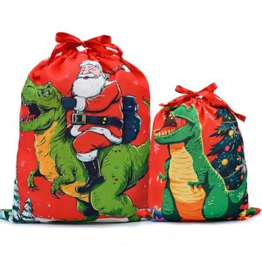 Imagem de Mshutbna Sacos de presente de Natal de dinossauro, 2 peças, sacos de embrulho de tecido reutilizável com cordão para presentes de Natal, decorações de festa, lembrancinhas de feriado 40 x 30 x 25 cm