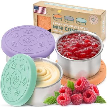 Imagem de Copos para condimentos – pacote com 3, 50 ml, brilhantes, de aço inoxidável – Recipientes para condimentos com tampas – Recipiente reutilizável para molho de salada para levar – Copo de molho e molho