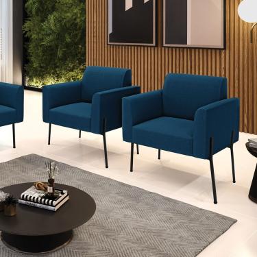 Imagem de Poltrona Sala Estar Pé Ferro Preto Kit 2 Marisa Bouclê D03 - D'rossi Cor Azul