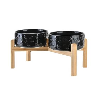 Imagem de SPUNKYJUNKY Tigelas elevadas de cerâmica para cães, 19,3 cm, com suporte de bambu antiderrapante para raças de tamanho médio a grande podem ser lavadas no micro-ondas - 1,2 g, crânio preto