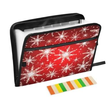 Imagem de Wassud Flocos de neve em fundo vermelho, 13 bolsos, organizador de arquivos sanfonados, pastas expansíveis com abas e adesivos, organizador de pastas de documentos de recibo de papel tamanho carta A4