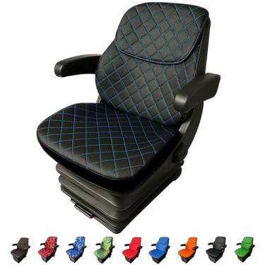 Imagem de Binbir Trend Capa de assento de trator universal resistente de três peças com encosto de cabeça, capa de assento de empilhadeira (couro preto - pontos azuis)