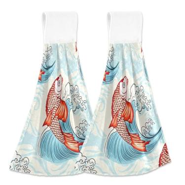 Imagem de Toalhas de mão penduradas azuis de peixe japonesas fofas para cozinha conjunto de toalhas de gravata de forno personalizadas com 2 toalhas de cozinha absorventes para decoração de casa, 46 x 35 cm