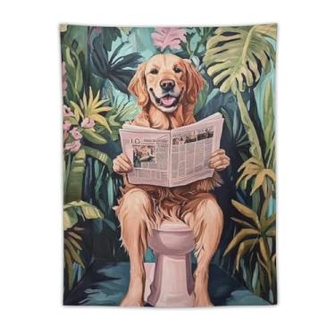 Imagem de Cão tropical retrô lendo jornal no banheiro tapeçaria engraçada pendurar na parede selva decoração botânica para banheiro hóspede banho homem caverna decoração de parede casa presente dormitório 76 x
