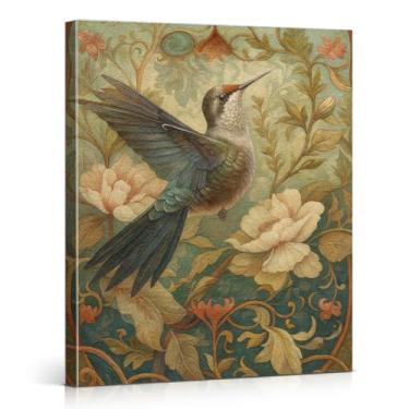 Imagem de Impressão de arte de parede em tela de beija-flor floral vintage flores botânicas pintura de pássaro estética animal casa de fazenda decoração de casa 20 x 25 cm emoldurada