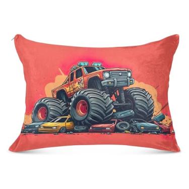 Imagem de Capa de almofada colorida com desenho animado Monster Truck vermelho felpudo com zíper engraçado padrão king queen size fronha para decoração de cama, tamanho padrão, 51 x 66 cm