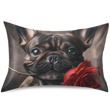 Imagem de Capa de almofada de cetim floral rosa buldogue padrão Queen King capa de travesseiro de resfriamento com estampa fofa capas de almofadas confortáveis e macias, tamanho king, 101,6 cm x 50,8 cm