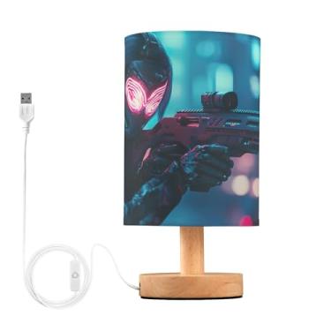 Imagem de Joisal Mini luminária de mesa Neon Masked Sniper in City com abajur de linho para mesa de cabeceira, lâmpadas para quartos