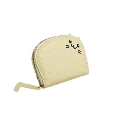 Imagem de Carteira feminina pequena de couro sintético, porta-cartões de crédito resistente à água, aparência de gato fofo, Amarelo claro, Tendência