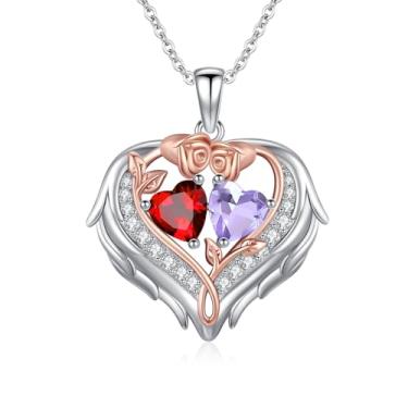 Imagem de WYDDO Colar de coração com asas de anjo para mulheres, pedra do mês de nascimento duplo, pingente de flor de rosa, presente ideal para aniversário, Natal, presente para esposa, mãe, namorada, filha