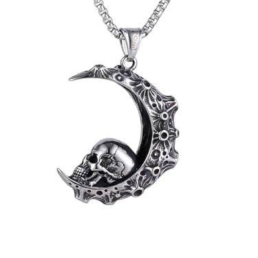 Imagem de Colar masculino e feminino vintage gótico punk escuro academia vento lua crescente crânio, aço inoxidável 316L, corrente de pérola quadrada de aço inoxidável prata, joia retrô de Halloween, Standard