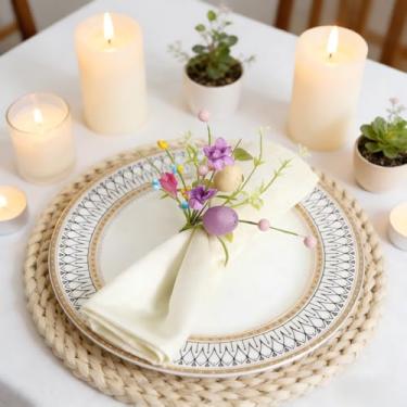 Imagem de Anel de guardanapo de ovo roxo de Páscoa, 1 anel de guardanapo floral, flores artificiais, suporte de guardanapo para casamentos, jantares românticos, decoração de dia dos namorados, festa de Natal