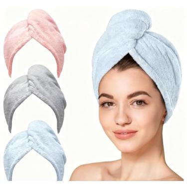 Imagem de Toalha de cabelo de microfibra, turbantes para secar cabelos molhados, toalhas antifrizz para cabelos cacheados femininos (azul, cinza, rosa), 3 pacotes