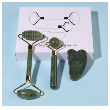 Imagem de Kit de ferramentas faciais Gua Sha & Jade Roller Facial Roller e Raspagem para cuidados com a pele, presente de autocuidado para homens e mulheres, 3 peças (verde escuro 3)