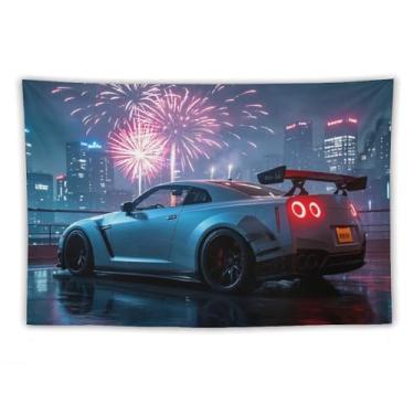 Imagem de HouLaiZhe JDM Tapeçaria de carro modificada Jdm carro R35 sob fogos de artifício pendurar na parede quarto decoração de casa tapeçarias estética piquenique decoração de parede arte de parede para