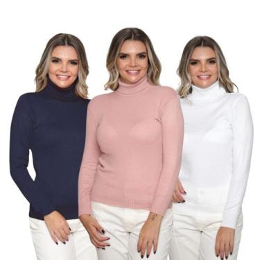 Imagem de Kit 3 Blusa Tricot Feminina Gola Alta Cacharrel Manga Longa Inverno 20