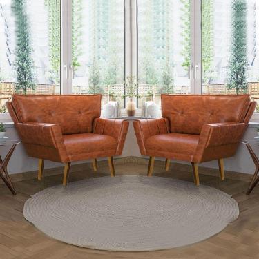 Imagem de Poltrona Sala Pé De Madeira Kit 2 Anitta Sintético Pu Nozes D03 - D'rossi