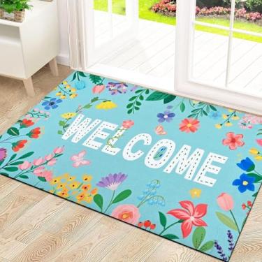 Imagem de Likiyol Tapete de porta floral, entrada externa, tapete de boas-vindas de flores coloridas, capacho antiderrapante com mola, entrada interna, perfil baixo, absorvente, 45,7 cm x 76,2 cm, azul