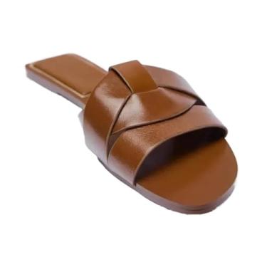 Imagem de Pantufas femininas planas de verão tecidas com confortáveis sapatos femininos casuais chinelos femininos chinelos de exterior (Cáqui, PP)