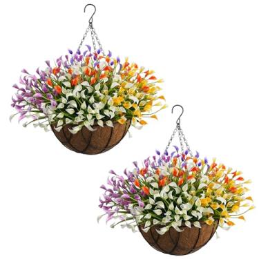 Imagem de Zythrem Cesta de flores artificiais para pendurar ao ar livre para decoração de varanda 2 conjuntos de plantas falsas penduradas com flores de plástico para decoração de casa no exterior, primavera