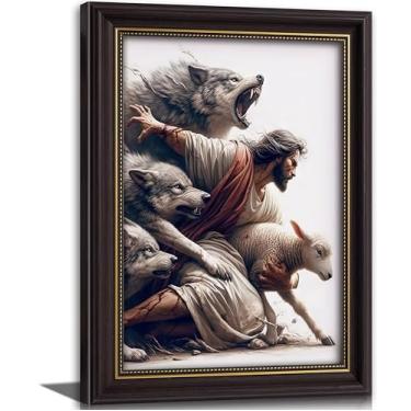Imagem de Arte de parede em tela vintage com moldura dourada Jesus e Cordeiro Jesus Salva a Ovelha Perdida Imagem Cristã Decoração de Parede Pastor Proteja um Cordeiro de Lobos Pintura Pôster Impressão Arte