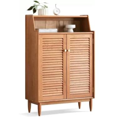 Imagem de 3FLQOOPP Sapateiras independentes de madeira maciça, armário de armazenamento de sapatos com design de porta de persiana respirável, armário de armazenamento com prateleiras ajustáveis, sapateira