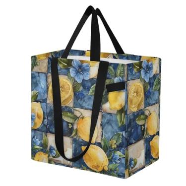 Imagem de SEHANY Sacolas de compras reutilizáveis de verão limão com alças reforçadas, bolsa de compras de lona dobrável à prova d'água de grande capacidade para viagem, cozinha, praia